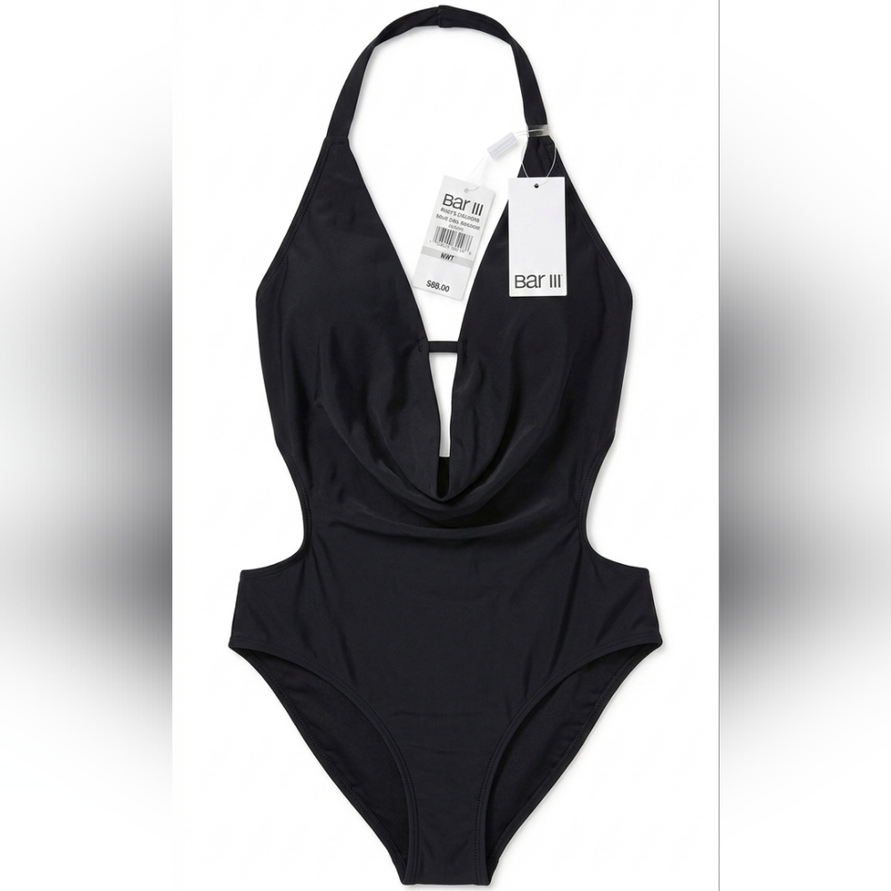 NWT Bar III Solid Cowl Neck Monokini One-Piece Swimsuit Cutout Black XS